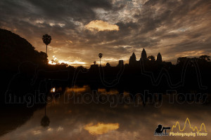 Dramatic sunrise over Angkor Wat temple