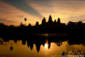 Beautiful sunrise at Angkor Wat with beams of light