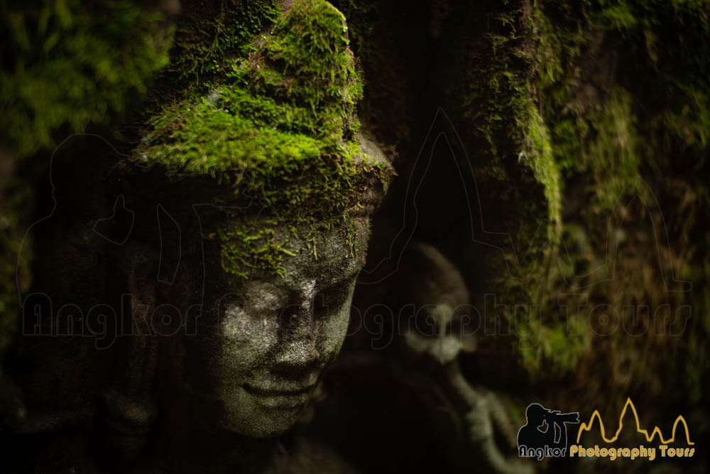 devata carving green moss, cambodia monsoon