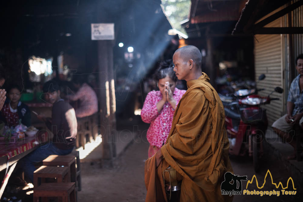 monk alms local market cambodia